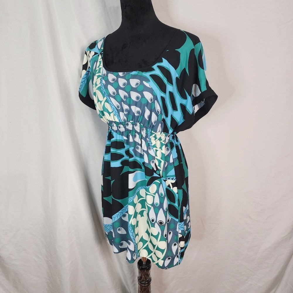 MATTY M Size Medium Blue Green Batwing Scoop Neck Blouson Tunic Mini‎ Dress